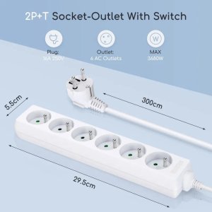 Aigostar  Listwa zasilająca na 6 gniazd typu francuskiego bez przełącznika 3 Listwa zasilająca na 6 gniazd typu francuskiego bez przełącznika 3 2