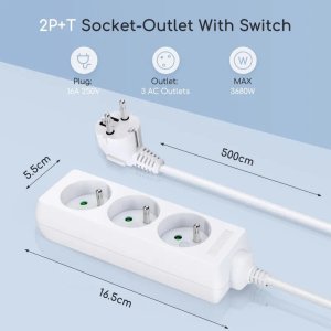 Aigostar  Listwa zasilająca na 3 gniazda typu francuskiego bez przełącznika Listwa zasilająca na 3 gniazda typu francuskiego bez przełącznika 2