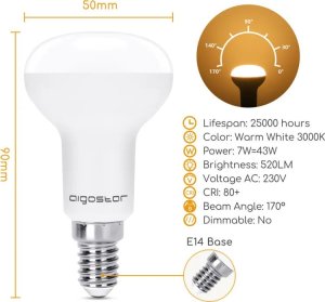 Aigostar  Żarówka diodowa skupiona LED R50 E14 7W 3000k 610lm biała ciepła Żarówka diodowa skupiona LED R50 E14 7W 3000k 610lm biała ciepła 4