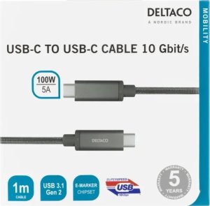 Kabel USB Deltaco USB-C kabel „SuperSzybki“, 1 m, spleciony, USB 3.1 Gen 2, 10 Gbps, 100W / USBC-1412M 3