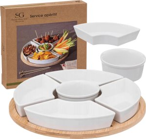 Secret de Gourmet Zestaw do przekąsek: 6 porcelanowych miseczek + bambusowa taca 9