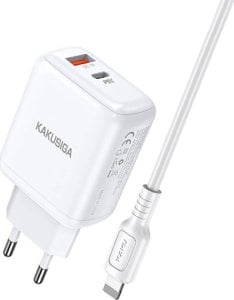 Ładowarka Kaku Ładowarka Sieciowa (PD 30W USB typ C + QC3.0 USB) + Kabel 1m (USB-C - Apple Lightning) Kakusiga Dual Port EU Charger KSC-670 biała 1