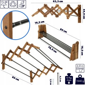 Kadax KADAX Suszarka Na Pranie Ścienna 6 Prętów Łazienkowa Harmonijkowa 85cm 3