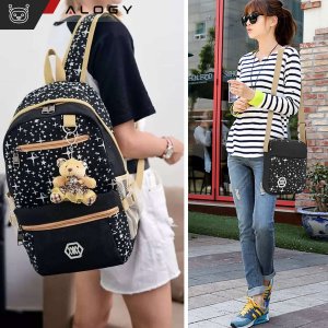 Plecak turystyczny Triton Plecak 3w1 szkolny miejski młodzieżowy tornister torba piórnik kosmetyczka brelok miś pojemny damski Czarny w Gwiazdki Alogy 12