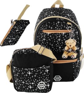 Plecak turystyczny Triton Plecak 3w1 szkolny miejski młodzieżowy tornister torba piórnik kosmetyczka brelok miś pojemny damski Czarny w Gwiazdki Alogy 13