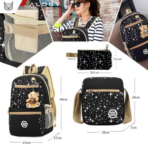 Plecak turystyczny Triton Plecak 3w1 szkolny miejski młodzieżowy tornister torba piórnik kosmetyczka brelok miś pojemny damski Czarny w Gwiazdki Alogy 2