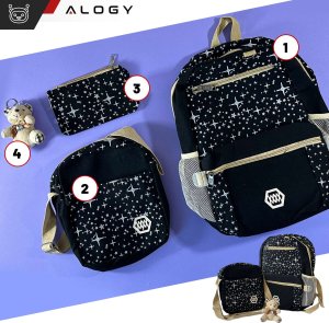 Plecak turystyczny Triton Plecak 3w1 szkolny miejski młodzieżowy tornister torba piórnik kosmetyczka brelok miś pojemny damski Czarny w Gwiazdki Alogy 5