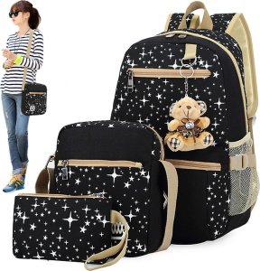 Plecak turystyczny Triton Plecak 3w1 szkolny miejski młodzieżowy tornister torba piórnik kosmetyczka brelok miś pojemny damski Czarny w Gwiazdki Alogy 7