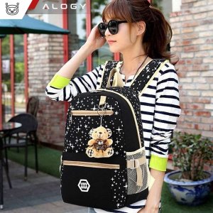 Plecak turystyczny Triton Plecak 3w1 szkolny miejski młodzieżowy tornister torba piórnik kosmetyczka brelok miś pojemny damski Czarny w Gwiazdki Alogy 10