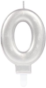 AMSCAN Świeczka cyferka 0 Sparkling celebrations, srebrna, 9,3 cm, 9903688 1