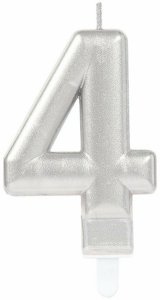AMSCAN Świeczka cyferka 4 z uchwytem srebrna, 9,3cm 1