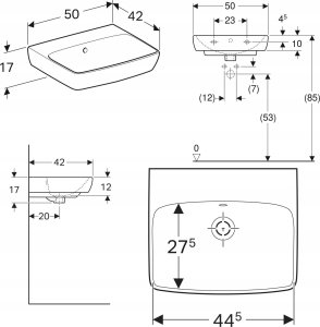 Umywalka Geberit Geberit Selnova Square Umywalka kompaktowa, B50cm, H17cm, T42cm, z przelewem, bez otworu na baterię [20] 2