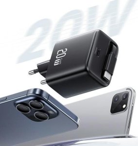 Ładowarka Usams USAMS Ład. siec. 1xUSB-C ze zwijanym kablem USB-C Retractable PD+QC 20W Gan Fast Charging czarny/black YC Series CC233TC01 (US-CC233) 3