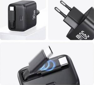 Ładowarka Usams USAMS Ład. siec. 1xUSB-C ze zwijanym kablem USB-C Retractable PD+QC 30W Gan Fast Charging czarny/black YC Series CC241TC01 (US-CC241) 19