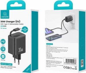 Ładowarka Usams USAMS Ład. siec. 1xUSB-C ze zwijanym kablem USB-C Retractable PD+QC 30W Gan Fast Charging czarny/black YC Series CC241TC01 (US-CC241) 20