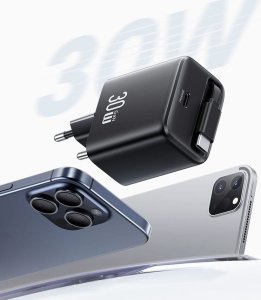 Ładowarka Usams USAMS Ład. siec. 1xUSB-C ze zwijanym kablem USB-C Retractable PD+QC 30W Gan Fast Charging czarny/black YC Series CC241TC01 (US-CC241) 8