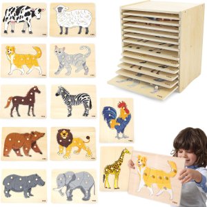 Viga Toys VIGA Zestaw Puzzle Drewniane 12 Układanek Zwierzątka Montessori + Stojak 1