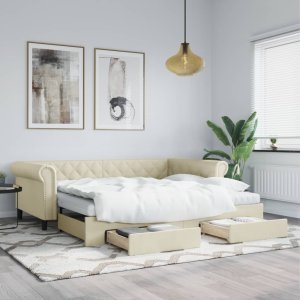 vidaXL vidaXL Sofa rozsuwana z szufladami, kremowa, 90x200 cm, sztuczna skóra 1