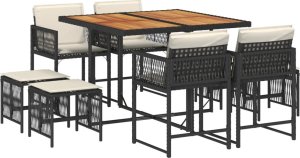 vidaXL vidaXL 9-cz. zestaw mebli ogrodowych z poduszkami, czarny, rattan PE 2