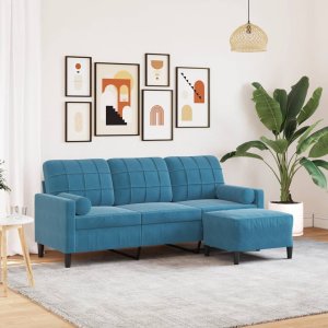 vidaXL vidaXL 3-osobowa sofa z podnóżkiem, niebieska, 180 cm, aksamit 1