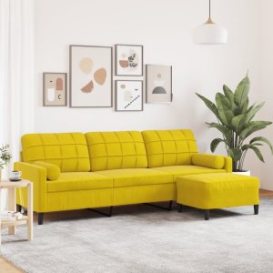 vidaXL vidaXL 3-osobowa sofa z podnóżkiem, żółta, 210 cm, obita aksamitem 1