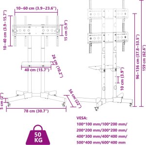vidaXL vidaXL Stojak na kółkach na TV 32-70'', VESA maks. 600x400 mm, 50 kg 10