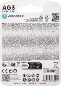 Aigostar  Bateria guzikowa pastylkowa AG3 LR41 1.5V opakowanie 4 sztuki Bateria guzikowa pastylkowa AG3 LR41 1.5V opakowanie 4 sztuki 5