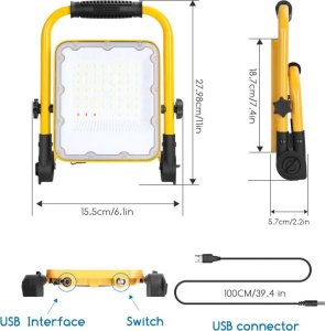 Aigostar  Przenośna lampa robocza halogen LED Ładowalny z usb reflektor 30W/5V Przenośna lampa robocza halogen LED Ładowalny z usb reflektor 30W/5V 5