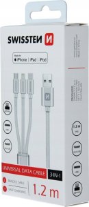 Kabel USB Swissten USB-A - USB-C + micro-B + Lightning 1.2 m Srebrny (SV0153259010) 2