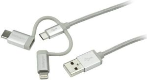 Kabel USB StarTech USB-A - USB-C + microUSB + Lightning 1 m Srebrny (LTCUB1MGR) 1
