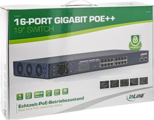 Switch InLine InLine® PoE++ Gigabit Network Switch 16 Port, 1Gb/s, 2x SFP, 48,26cm (19" 1U, brackets incl.), Metal, fan control, w/display, password protection, 300 10