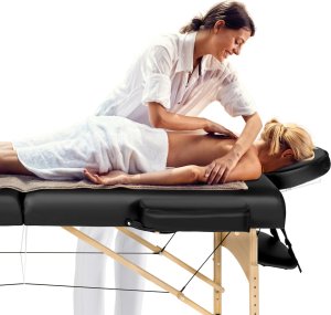 Tectake 3-strefowy stoł do masażu Somwang z 7,5 cm wyściółką, rolkami i drewnianą ramą - czarny 9