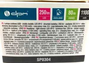 Latarka DPM Lampa czołowa COB ładowalna, 250 lm, IPX5 9