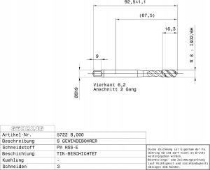 Ghring Machine tap GUHRING HSS-E-PM TiN M8 x 1.25 2