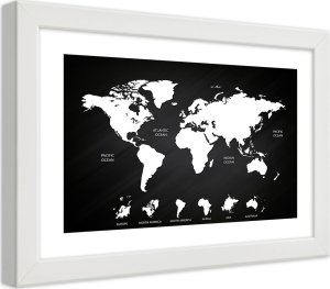Feeby Obraz w ramie, Kontrastowa mapa świata i kontynenty (Rozmiar 30x20) 1