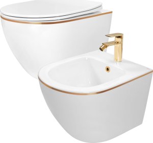 Miska WC Rea Zestaw Misa WC Carlo Mini Flat + Bidet Carlo Mini White Gold Edge 1