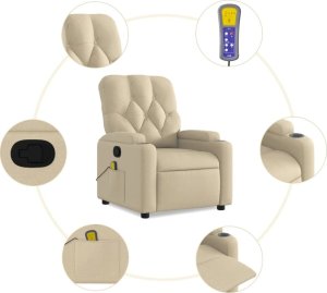 vidaXL Rozkładany fotel masujący, kremowy, obity tkaniną 6