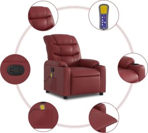 vidaXL Rozkładany fotel masujący, winna czerwień, obity sztuczną skórą 6