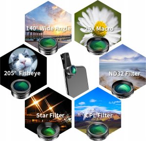 Apexel Zestaw obiektywów do telefonu APEXEL APL-DG6V2 6w1 uniwersalne 5