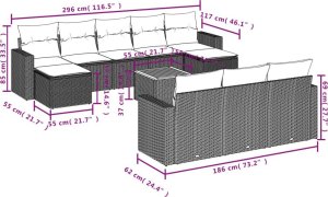 vidaXL 11-częściowy zestaw mebli ogrodowych z poduszkami, szary rattan PE 3