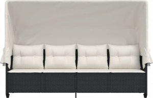 vidaXL Leżanka z zadaszeniem i poduszkami, czarna, polirattan 5