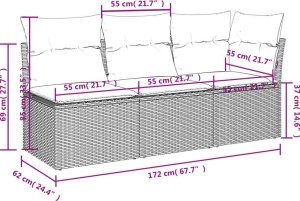 vidaXL Sofa ogrodowa z poduszkami, 3-osobowa, brązowa, polirattan 11
