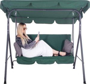 Springos Huśtawka ogrodowa z daszkiem, 3-osobowa metalowa z materacem i poduszkami zielona UNIWERSALNY 15