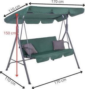 Springos Huśtawka ogrodowa z daszkiem, 3-osobowa metalowa z materacem i poduszkami zielona UNIWERSALNY 16