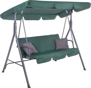 Springos Huśtawka ogrodowa z daszkiem, 3-osobowa metalowa z materacem i poduszkami zielona UNIWERSALNY 2