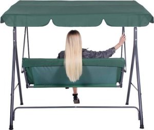 Springos Huśtawka ogrodowa z daszkiem, 3-osobowa metalowa z materacem i poduszkami zielona UNIWERSALNY 5