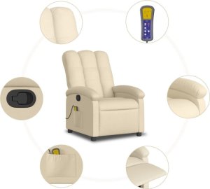 vidaXL Rozkładany fotel masujący, kremowy, obity tkaniną 8