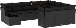 vidaXL 11-częsciowy zestaw wypoczynkowy do ogrodu, poduszki czarny rattan PE 2