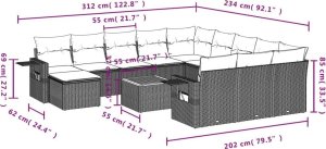 vidaXL 13-częściowy zestaw mebli do ogrodu, poduszki, czarny, rattan PE 10