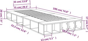 vidaXL vidaXL Rama łóżka, przydymiony dąb, 75x190 cm, materiał drewnopochodny 10